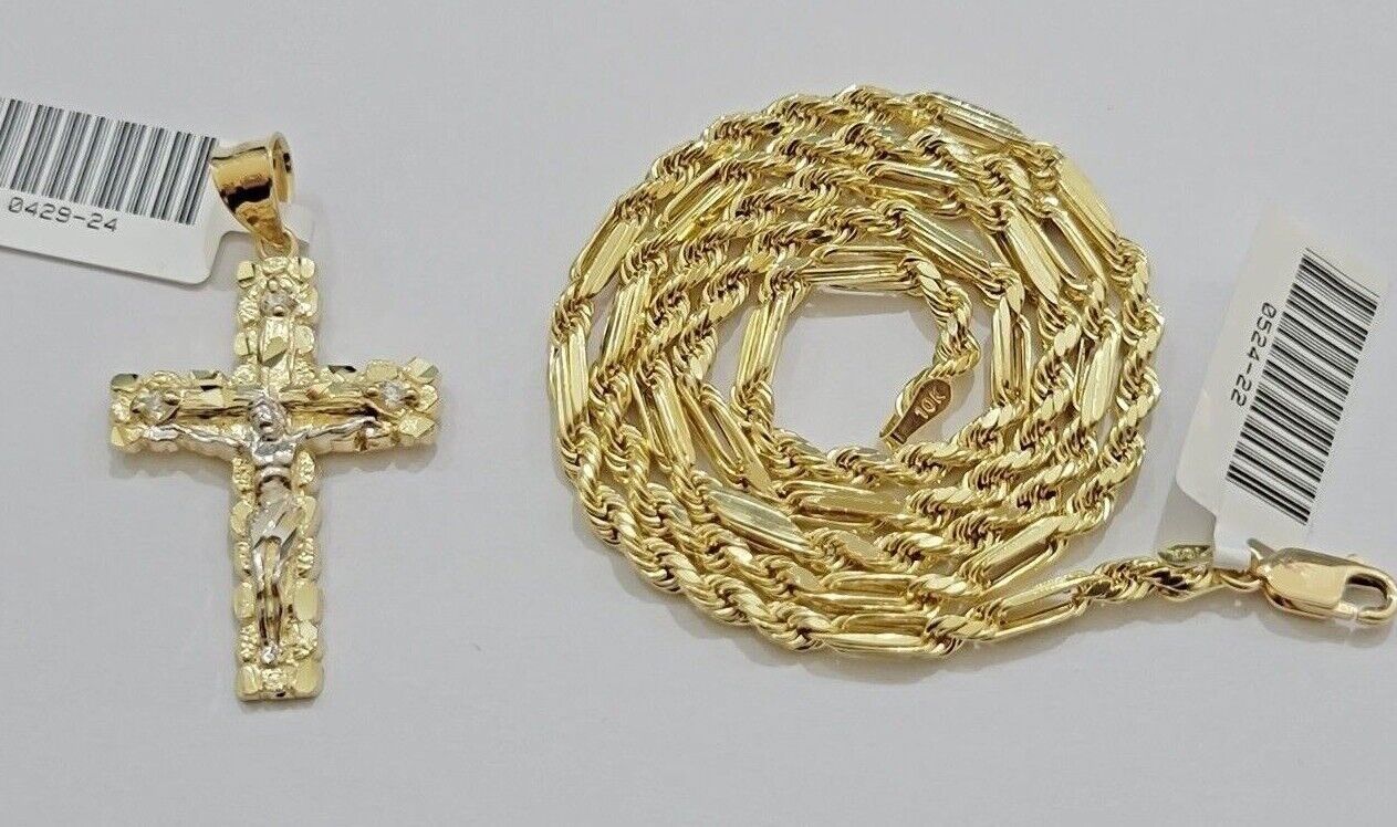 10kt Gold Milano Rope Chain Cross Charm Pendant Set 18 - 24 Inch 3mm Necklace REAL - GoldenlinQ